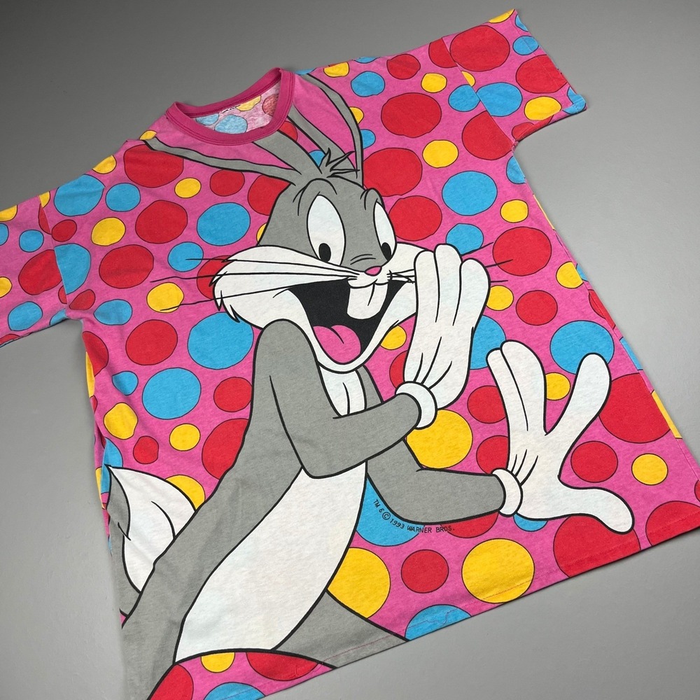 Warner Bros Bugs Bunny T-Shirt Mens XL Pink 1993 VTG All Over Print Polka Dot